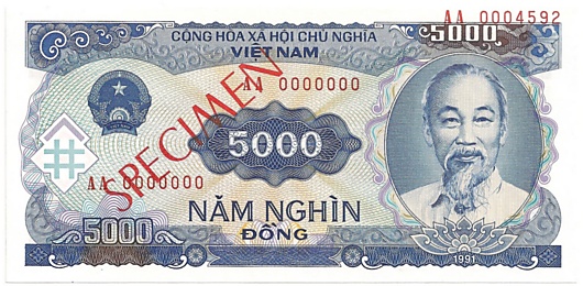 Vietnam banknote 5000 Dong 1991 specimen, face