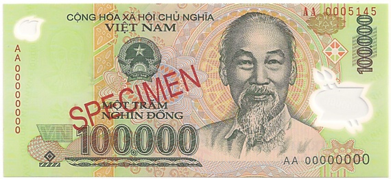 Vietnam polymer 100,000 Dong banknote specimen, 100000₫, face