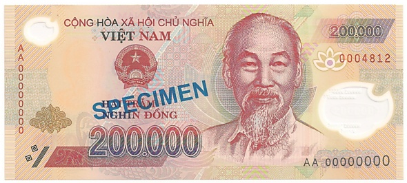 Vietnam polymer 200,000 Dong banknote specimen, 200000₫, face