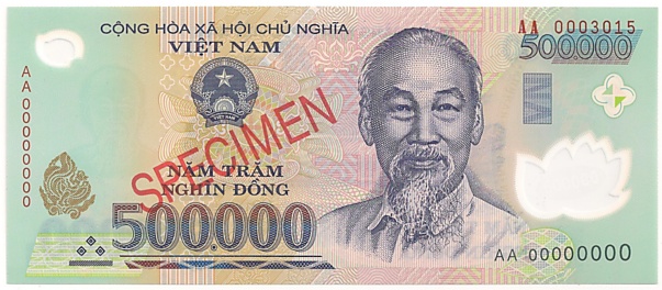 Vietnam polymer 500,000 Dong banknote specimen, 500000₫, face