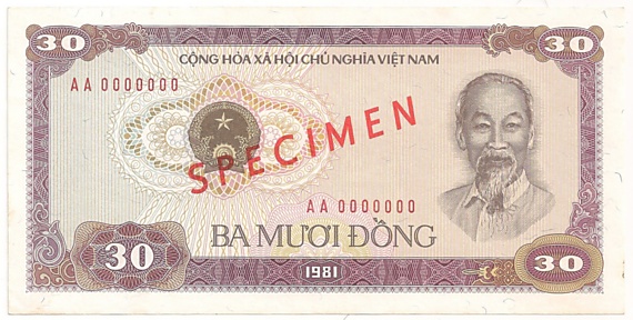Vietnam banknote 30 Dong 1981 specimen, face