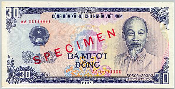 Vietnam banknote 30 Dong 1985 specimen, face