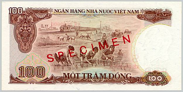 Vietnam banknote 100 Dong 1985 specimen, back