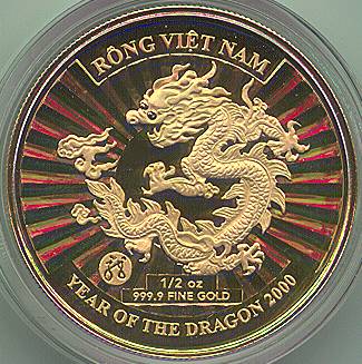 Vietnam 50000 Dong 2000 gold coin, dragon, obverse