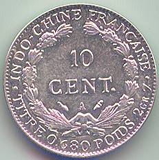 French Indochina 10 cent 1919 silver coin, reverse