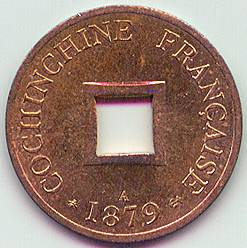 French Cochinchina sapeque 1879 coin, obverse
