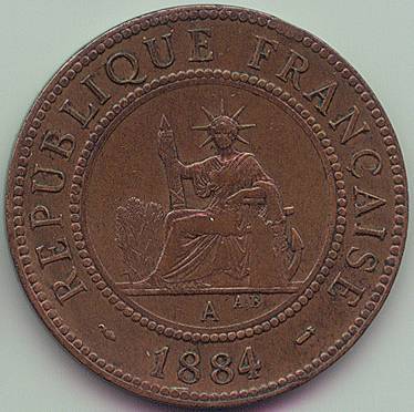 French Cochinchina 1 Cent 1884 coin, obverse