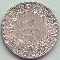 French Cochinchina 10 Cent 1884 silver coin, reverse