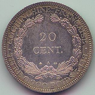French Cochinchina 20 cent 1879 silver coin, reverse