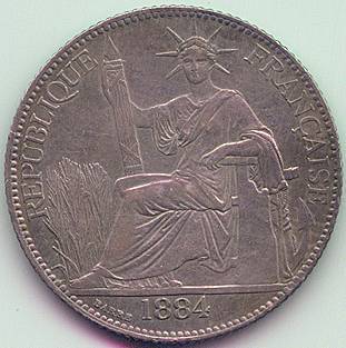 French Cochinchina 20 Cent 1884 silver coin, obverse