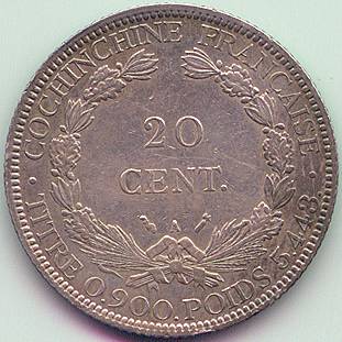 French Cochinchina 20 Cent 1884 silver coin, reverse