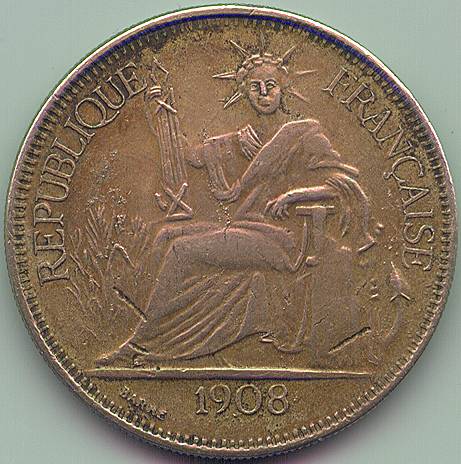 French Indochina Piastre de Commerce 1908 fake coin, obverse