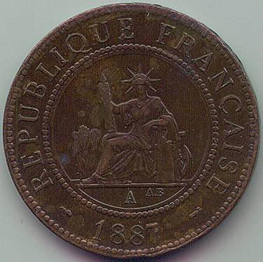French Indochina 1 Cent 1887 coin, obverse