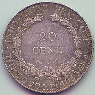 French Indochina 20 cent 1896 silver coin, reverse