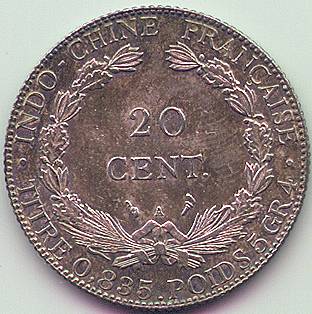 French Indochina 20 cent 1899 silver coin, reverse