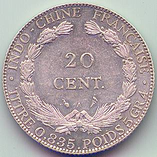 French Indochina 20 cent 1902 silver coin, reverse