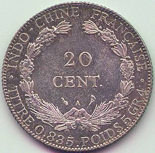 French Indochina 20 cent 1903 silver coin, reverse