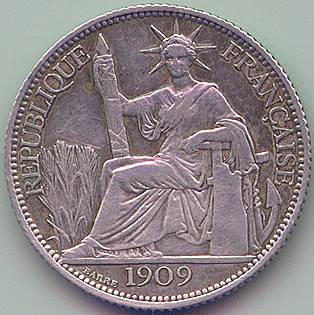 French Indochina 20 cent 1909 silver coin, obverse