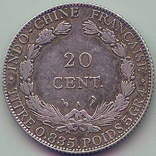 French Indochina 20 cent 1909 silver coin, reverse