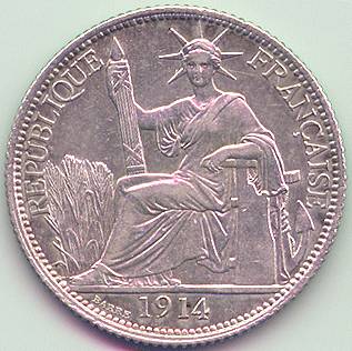 French Indochina 20 cent 1914 silver coin, obverse
