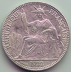 French Indochina 10 cent 1922 silver coin, obverse