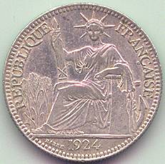 French Indochina 10 cent 1924 silver coin, obverse