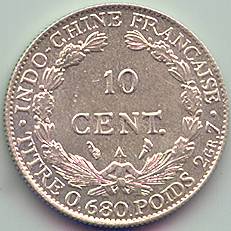 French Indochina 10 cent 1929 silver coin, reverse