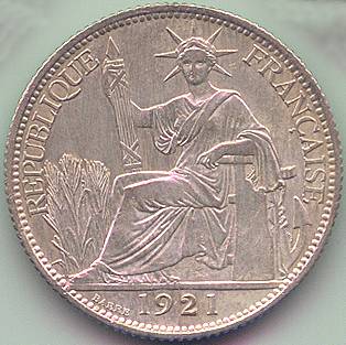 French Indochina 20 cent 1921 silver coin, obverse