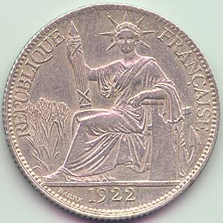 French Indochina 20 cent 1922 silver coin, obverse