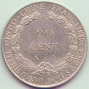 French Indochina 20 cent 1922 silver coin, reverse