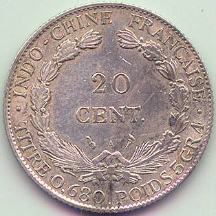 French Indochina 20 cent 1923 silver coin, reverse