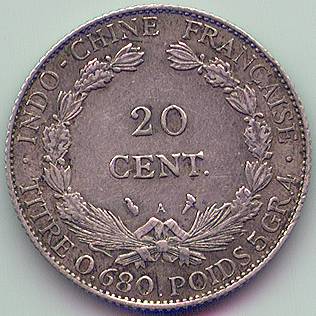 French Indochina 20 cent 1924 silver coin, reverse