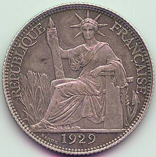 French Indochina 20 cent 1929 silver coin, obverse