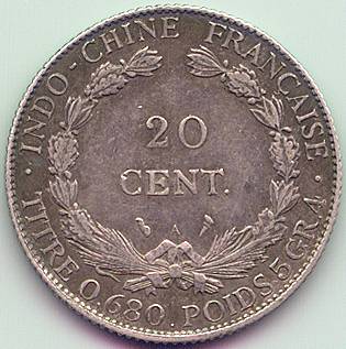 French Indochina 20 cent 1929 silver coin, reverse