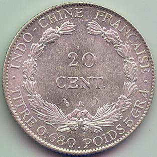 French Indochina 20 cent 1930 silver coin, reverse