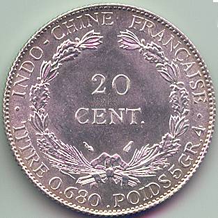 French Indochina 20 cent 1937 silver coin, reverse