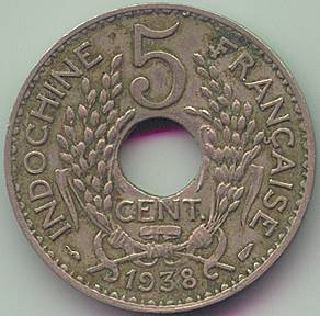 French Indochina 5 cent 1938 coin, reverse