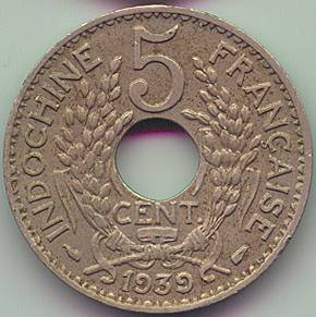 French Indochina 5 cent 1939 coin, reverse