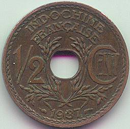 French Indochina 1/2 cent 1937 coin, reverse