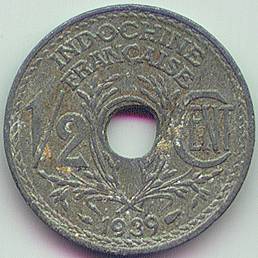 French Indochina 1/2 cent 1939 zinc coin, reverse