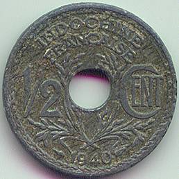 French Indochina 1/2 cent 1940 zinc coin, reverse
