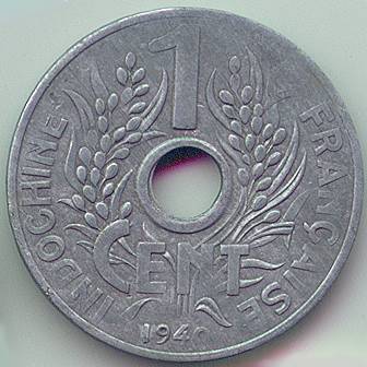 French Indochina 1 cent 1940 zinc coin, reverse