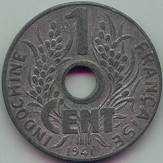 French Indochina 1 cent 1941 zinc coin, reverse