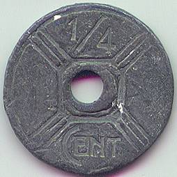 French Indochina 1/4 cent 1941 lead counterfeit coin, obverse