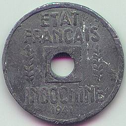 French Indochina 1/4 cent 1941 lead counterfeit coin, reverse