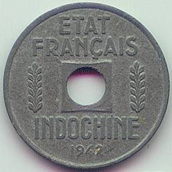 French Indochina 1/4 cent 1942 zinc coin, reverse
