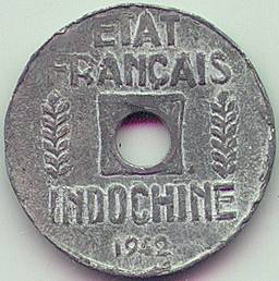 French Indochina 1/4 cent 1942 lead counterfeit coin, reverse