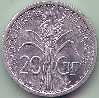 French Indochina 20 cent 1945 coin, reverse
