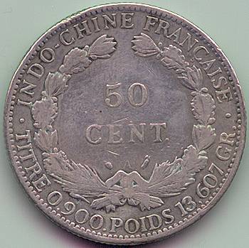 French Indochina 50 cent 1894 silver coin, reverse