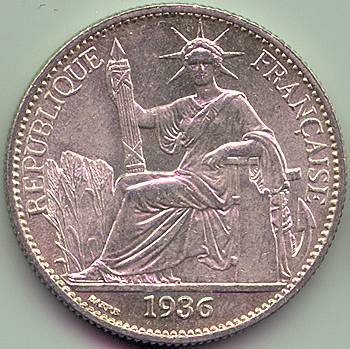 French Indochina 50 cent 1936 silver coin, obverse